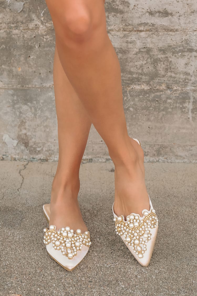 Ivory Flats - Pearl Flats - Embroidered Flats - Pointed-Toe Flats - Lulus