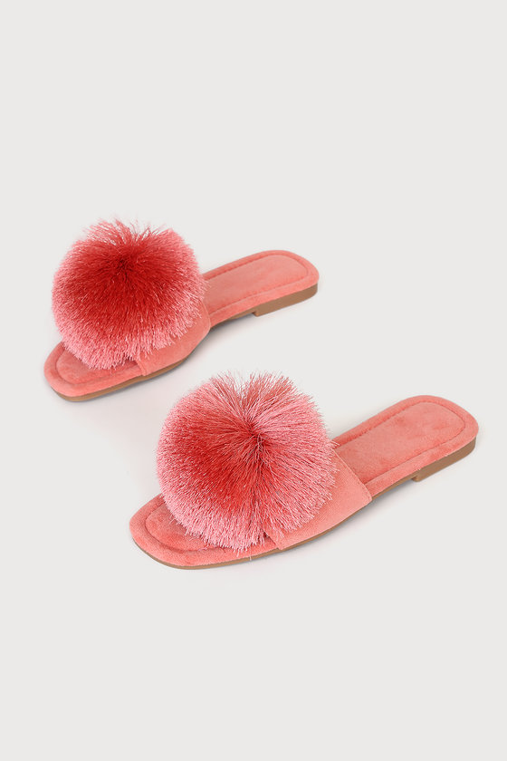 Coral Pink Slide Sandals - Fringe Pom Pom Sandals - Suede Sandals - Lulus