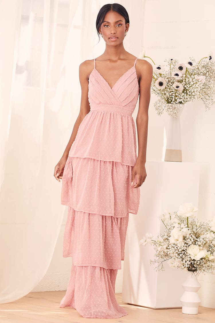 Pink Maxi Dress - Tiered Maxi Dress - Pink Swiss Dot Gown - Lulus
