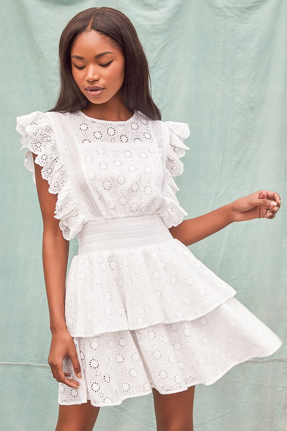 Delightfully Sunny White Eyelet Lace Tiered Ruffled Mini Dress