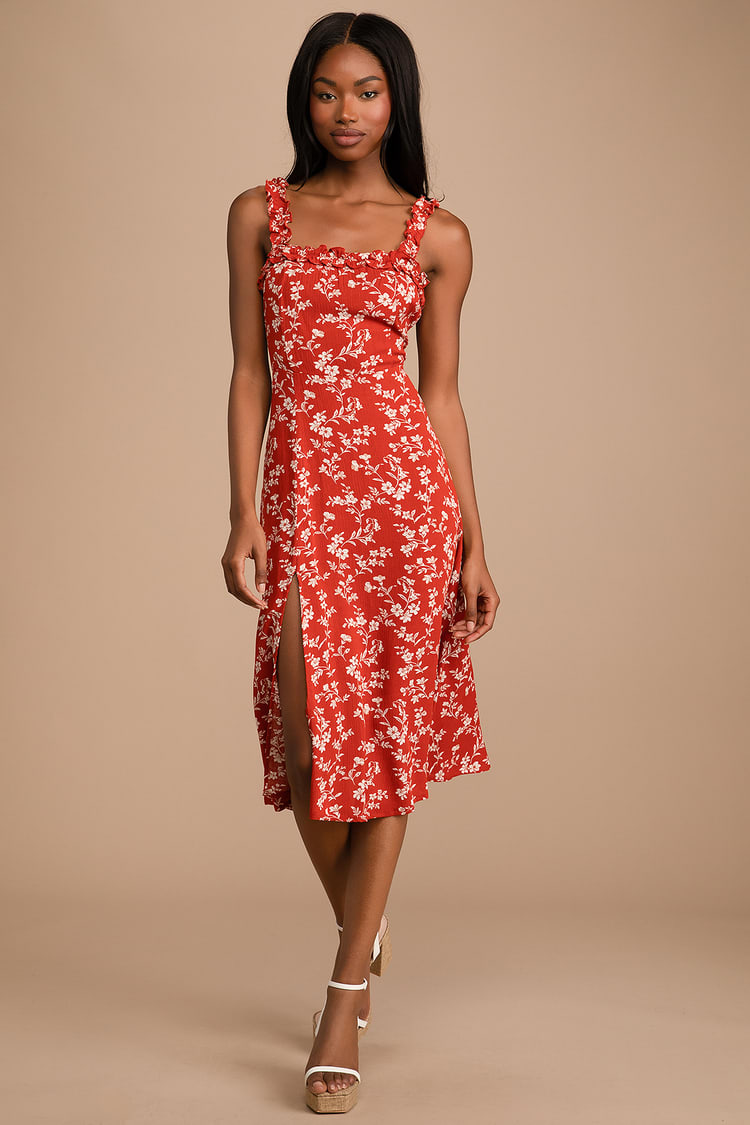 Pretty Red Dress - Floral Print Midi Dress - Ruffled Skater Dress - Lulus