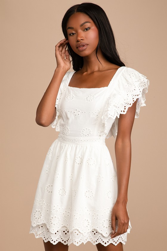 White Eyelet Lace Dress - Ruffle Mini Dress - Cotton Skater Dress - Lulus