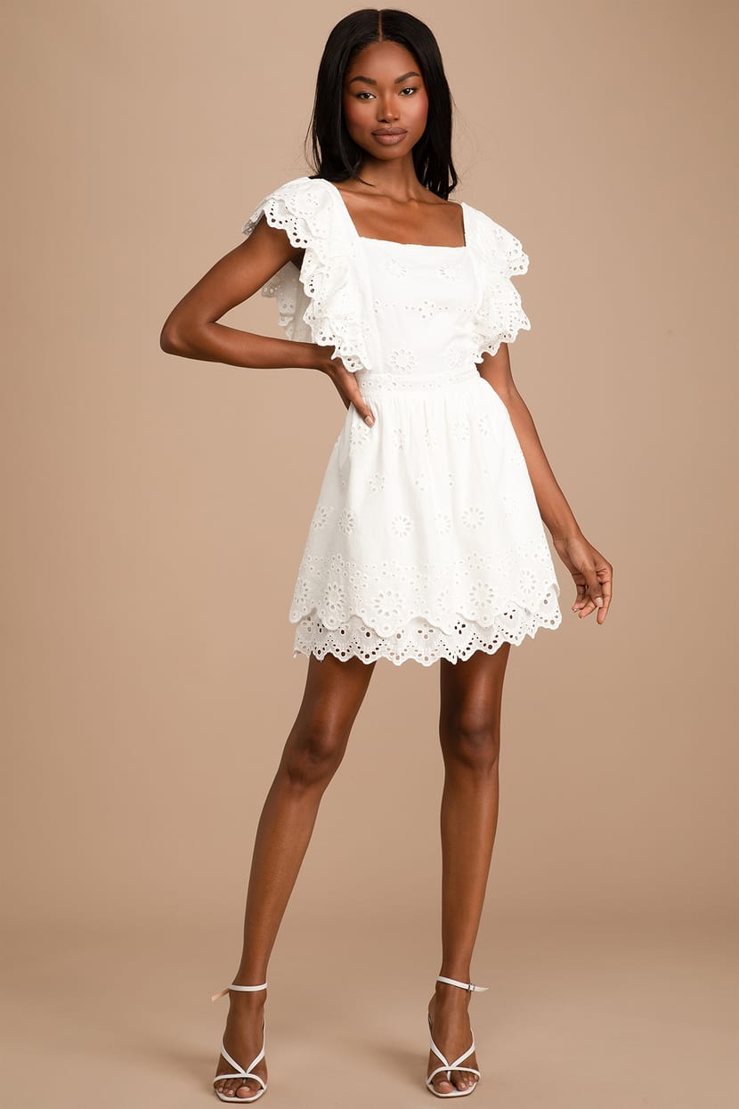 White Eyelet Lace Dress - Ruffle Mini Dress - Cotton Skater Dress - Lulus