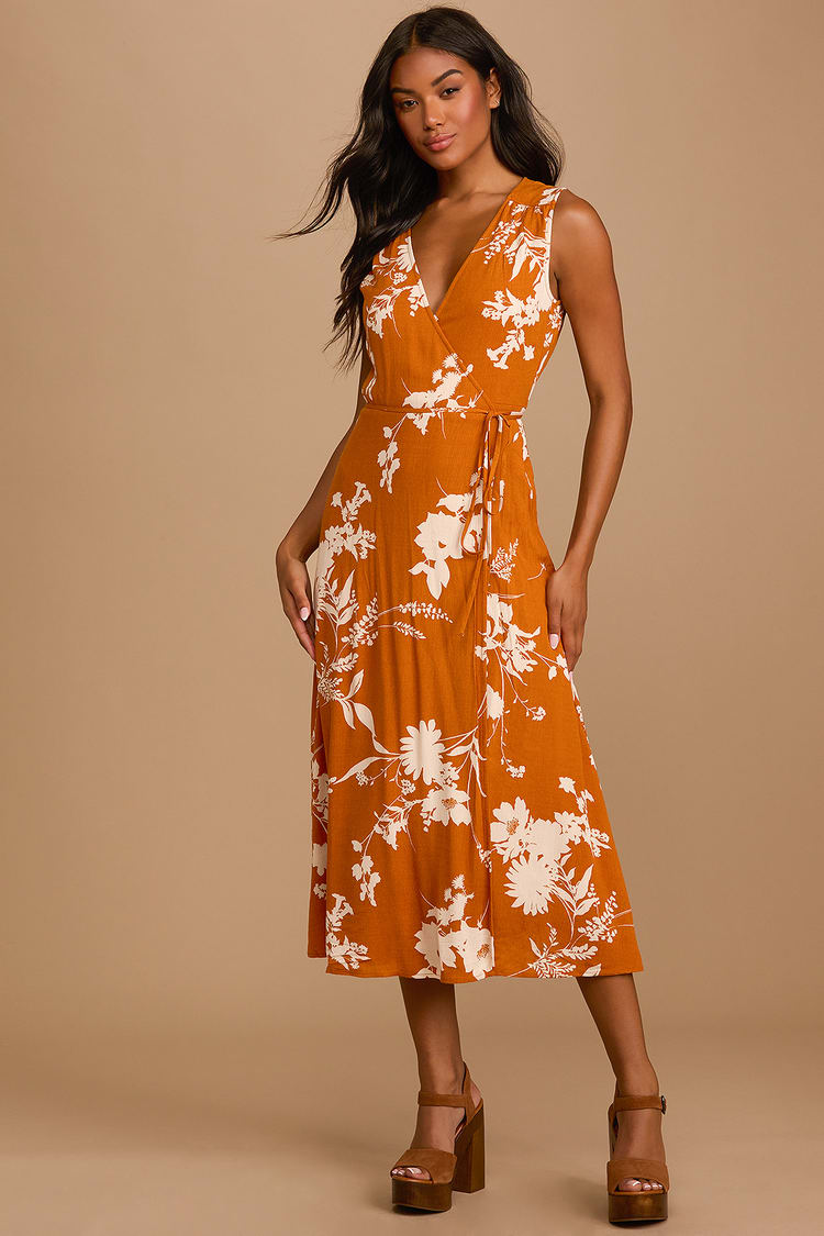 Rust Orange Midi Dress - Midi Wrap Dress - Sleeveless Dress - Lulus