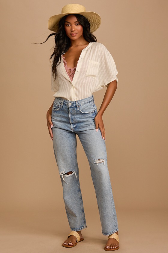 Sheer Cream Striped Top - Button-Up Top - Dolman Sleeve Blouse - Lulus