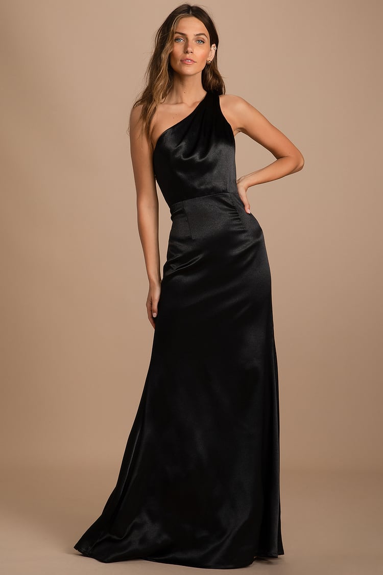 Black Maxi Dress - Satin Maxi Gown - One-Shoulder Dress - Lulus