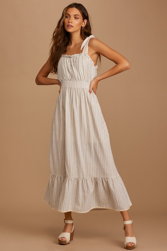 Cream Striped Dress Ruffled Tie Strap Dress Tiered Midi Dress Lulus 