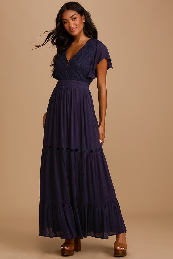 Navy V-Neck Dress - Embroidered Maxi Dress - Tiered Maxi Dress - Lulus