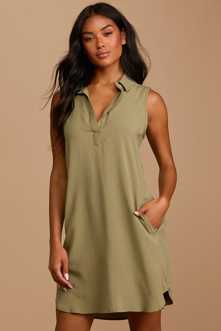 Olive Green Dress - Collared Mini Dress - Sleeveless Mini Dress - Lulus