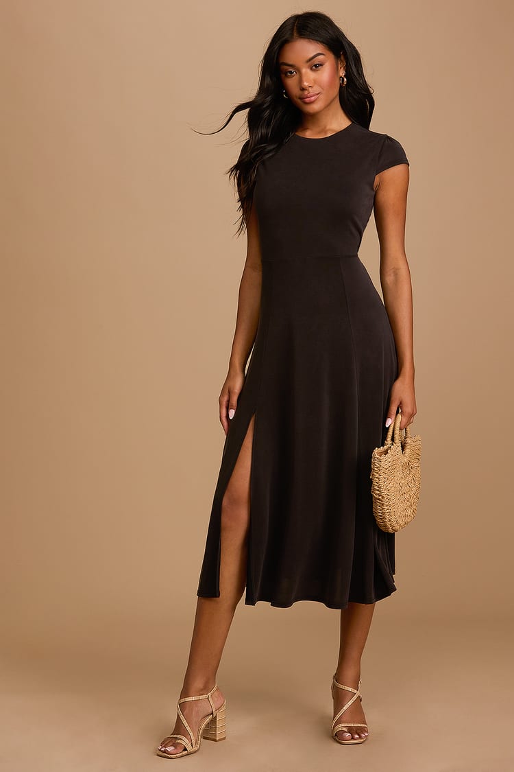 Black Cap Sleeve Dress - Short Sleeve Dress - Cutout Midi Dress - Lulus