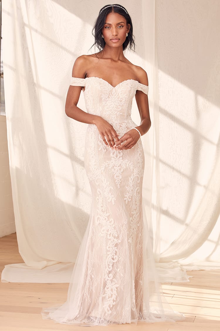 Beaded Gown - Beaded Wedding - Off-the-Shoulder Dress