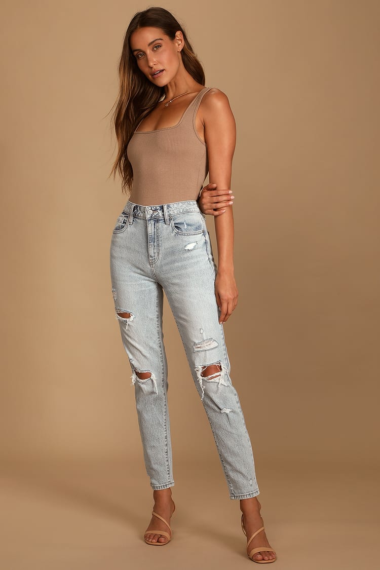 Light Wash Mom Jeans - Ripped High-Waisted Jeans - Denim Jeans - Lulus
