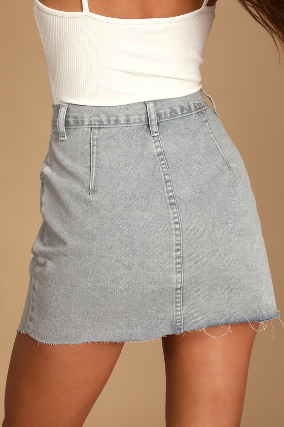Criss Cross Light Wash Asymmetrical Denim Mini Skirt Lulus