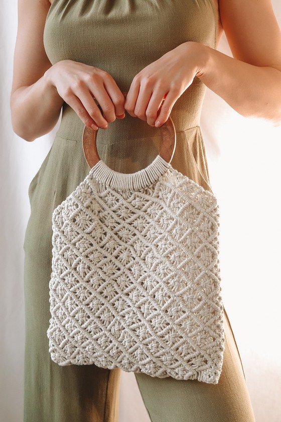 Cream Woven Tote Bag - Macrame Bag - Wooden Handle Crochet Bag - Lulus