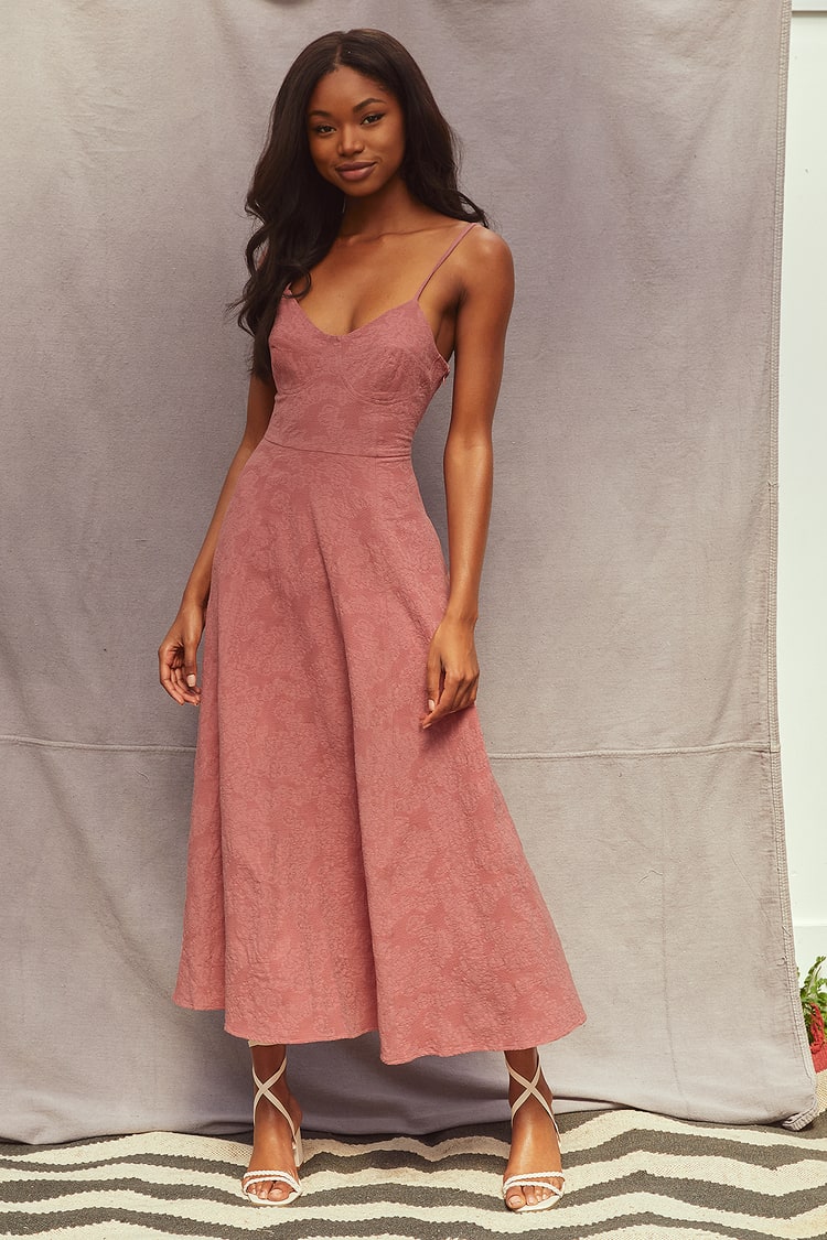 Rose Pink Midi Dress - Cotton Jacquard Dress - Bustier Midi Dress - Lulus