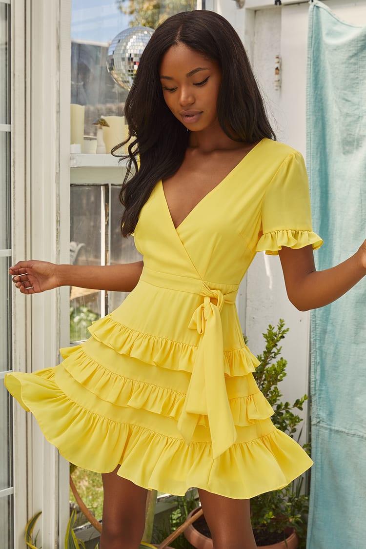 Faux Wrap Light Yellow Dress - Ruffled Mini Dress - Tiered Dress - Lulus