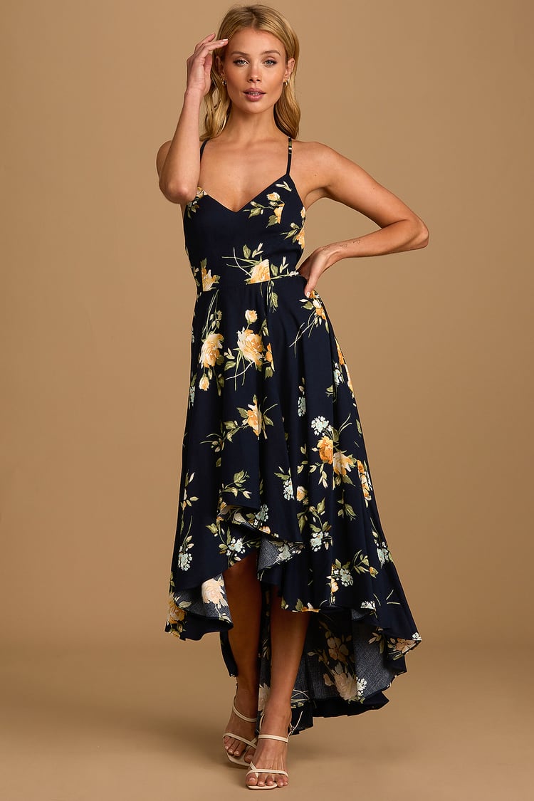 Navy Blue Floral Print Dress - High-Low Dress - Maxi Dress - Lulus