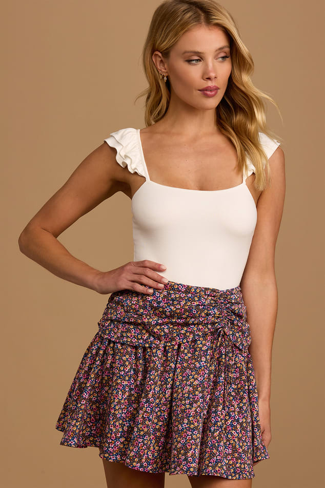 Navy Floral Mini Skirt - Ruched Waist Mini Skirt - Floral Skirt