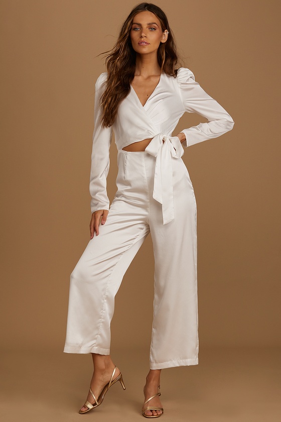 White Satin Jumpsuit Long Sleeve Jumpsuit Cutout Jumpsuit Lulus