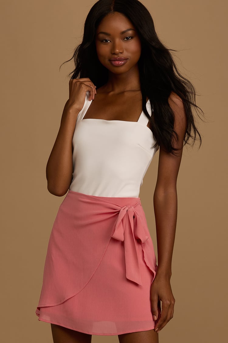 Coral Pink Skirt - Faux Wrap Skirt - Tie-Front Mini Skirt - Lulus