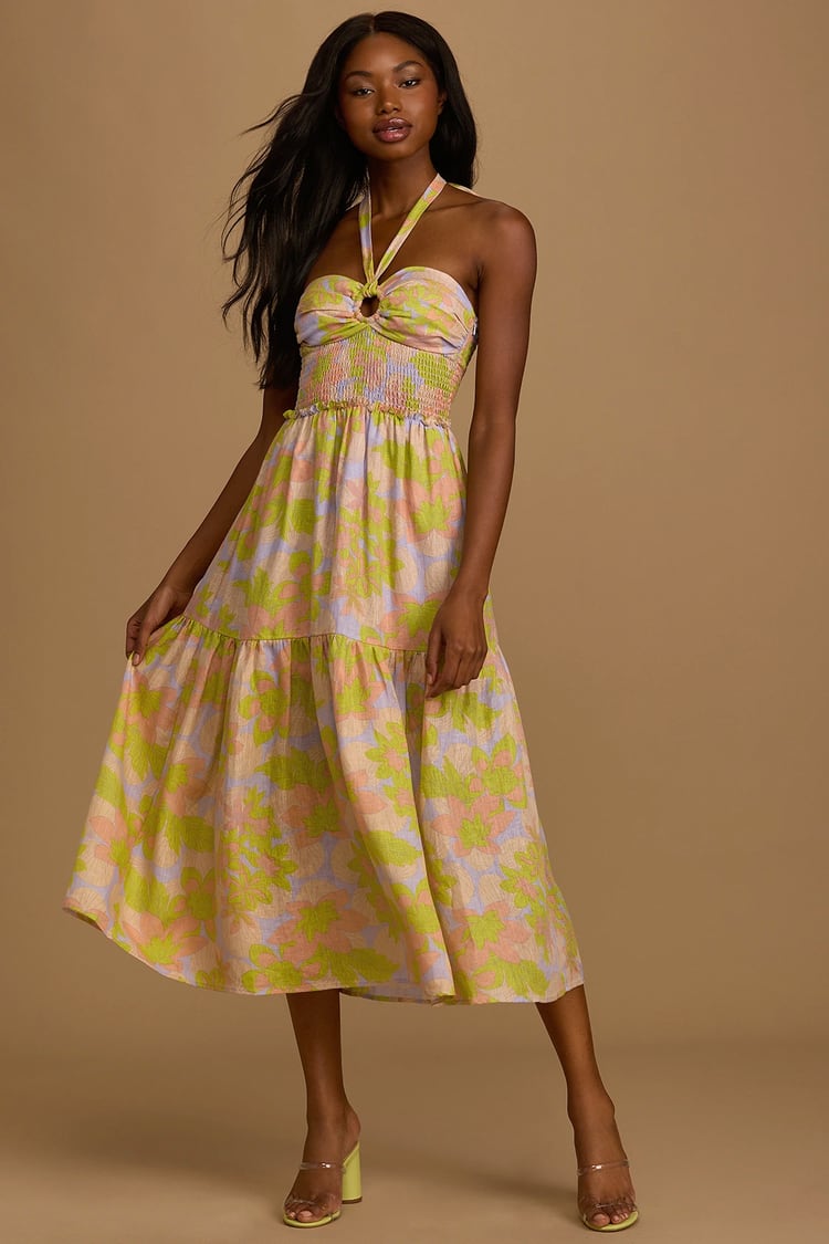 WAYF Reid Smocked Midi Dress - Floral Print Dress - Halter Dress - Lulus
