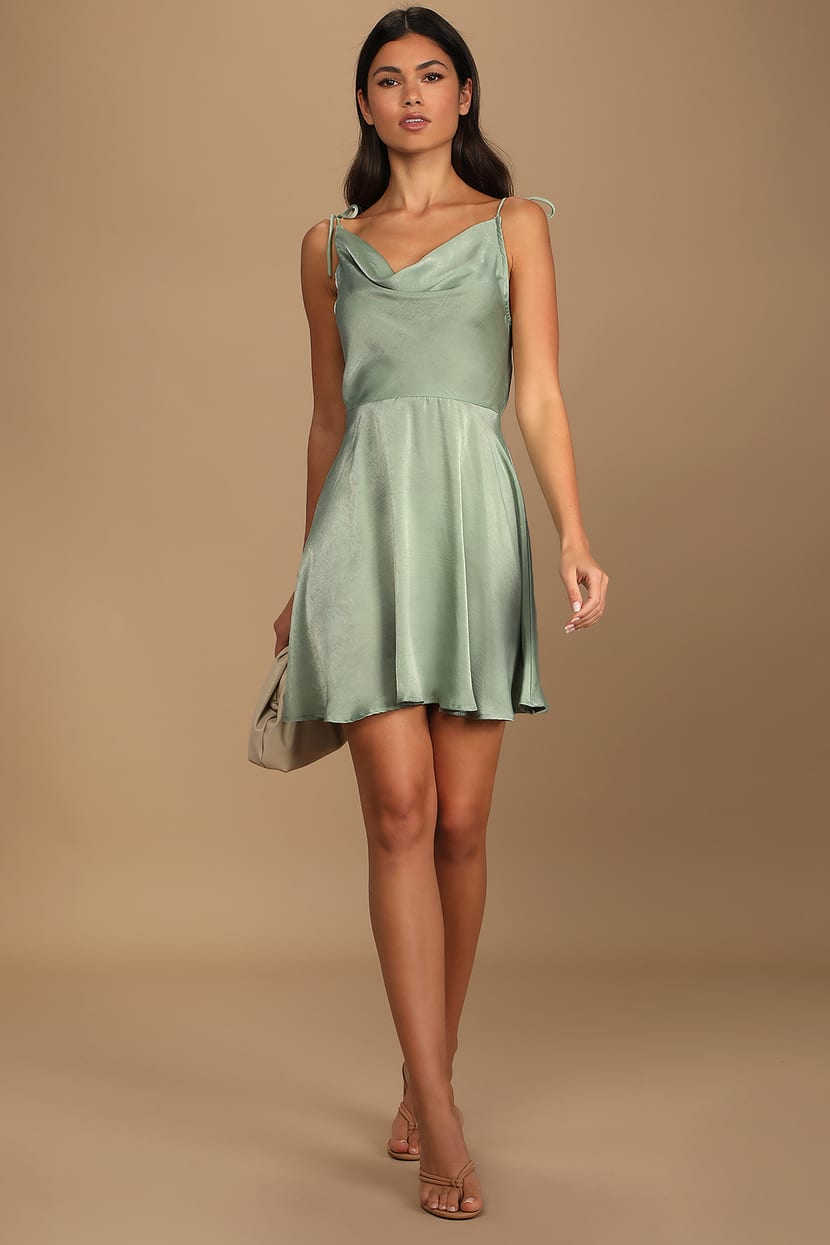 Sage Green Dress - Satin Mini Dress - Tie-Strap Mini Dress - Lulus