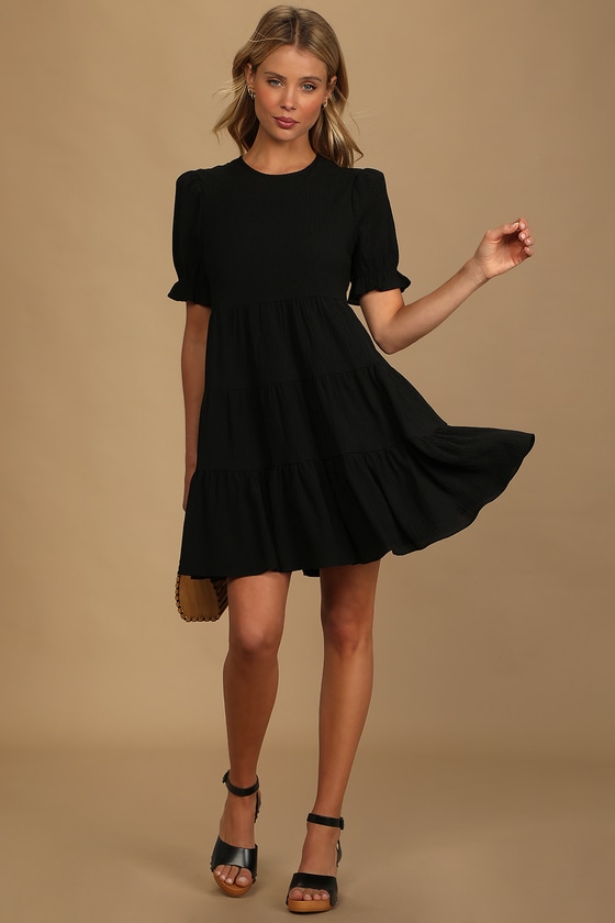 Black Mini Dress - Puff Sleeve Babydoll Dress - Swing Dress - Lulus