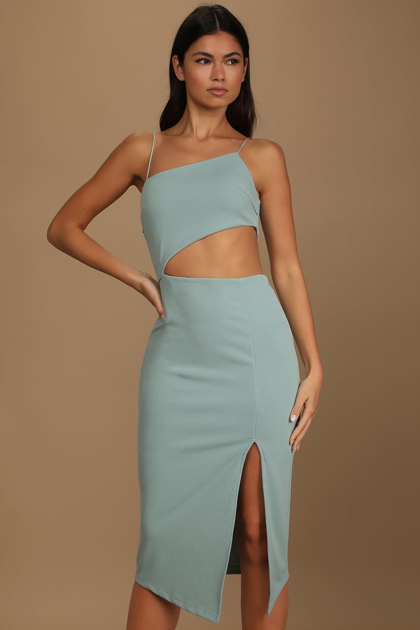 Sage Blue Midi Dress - Cutout Dress - Asymmetrical Dress - Lulus