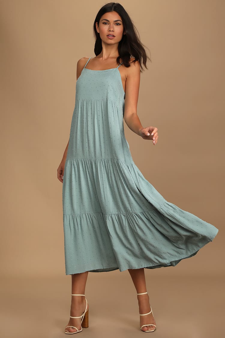Blue Swiss Dot Dress - Tiered Midi Dress - Sleeveless Dress - Lulus