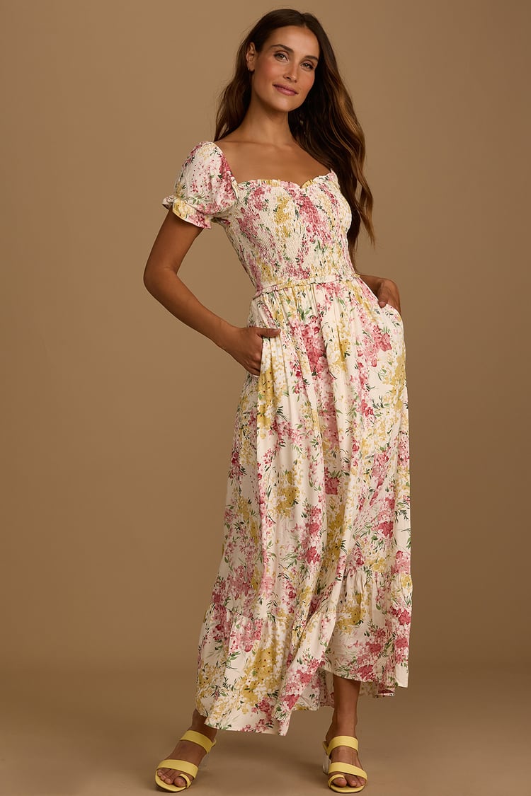 Cream Floral Print Dress - Ruffled Maxi Dress - Puff Sleeve Dress - Lulus