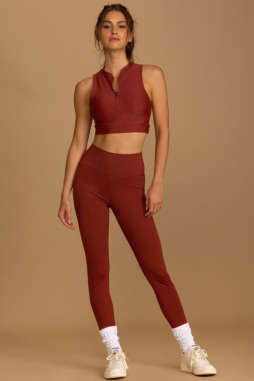 Pace Yourself Rust Red Zip-Front Medium Impact Sports Bra