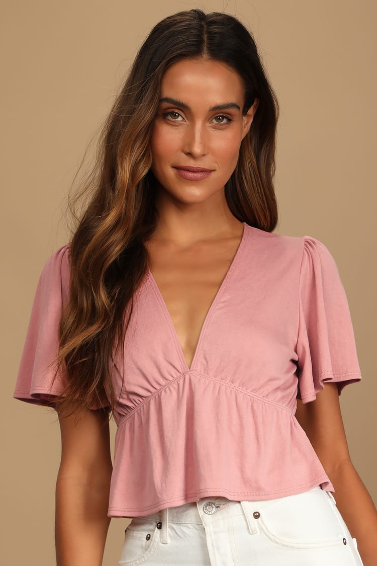 Pink Short Sleeve Top - Women's Top - Peplum Top - V-Neck Top - Lulus