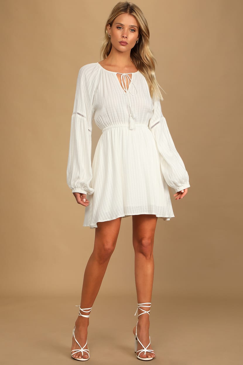 White Mini Dress - Long Sleeve Dress - Skater Mini Dress - Lulus