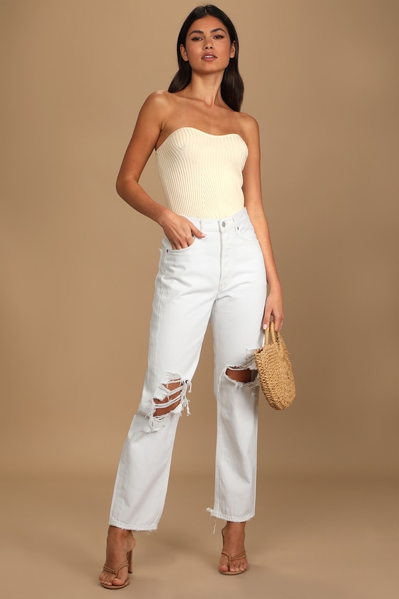 90 s White Mid Rise Distressed Loose Fit Jeans