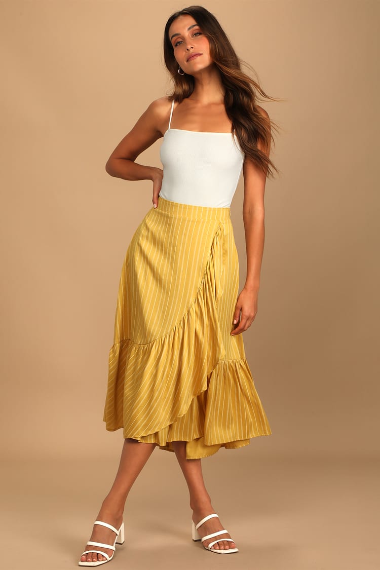 Mustard Yellow Skirt - Striped Midi Skirt - Wrap Midi Skirt - Lulus