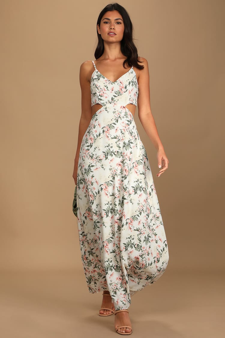White Floral Print Dress - Tie-Back Dress - Cutout Maxi Dress - Lulus