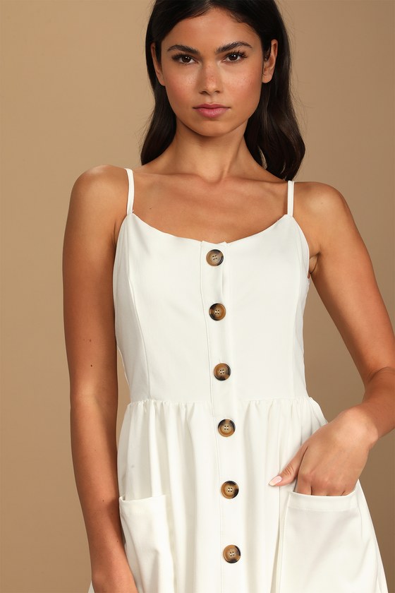 Take a Stroll with Me White Button Front Midi Dress