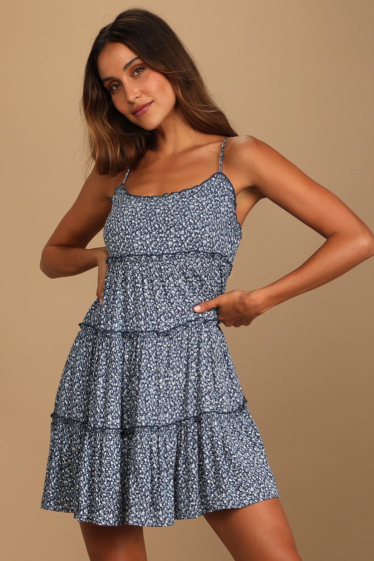 Navy Blue Babydoll Dress - Floral Sundress - Tiered Mini Dress - Lulus