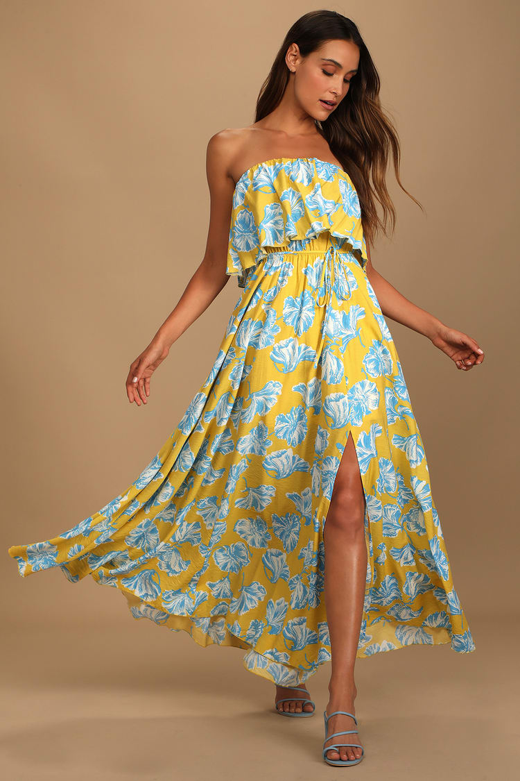 Yellow Floral Print Dress - Strapless Maxi Dress - Summer Dress - Lulus