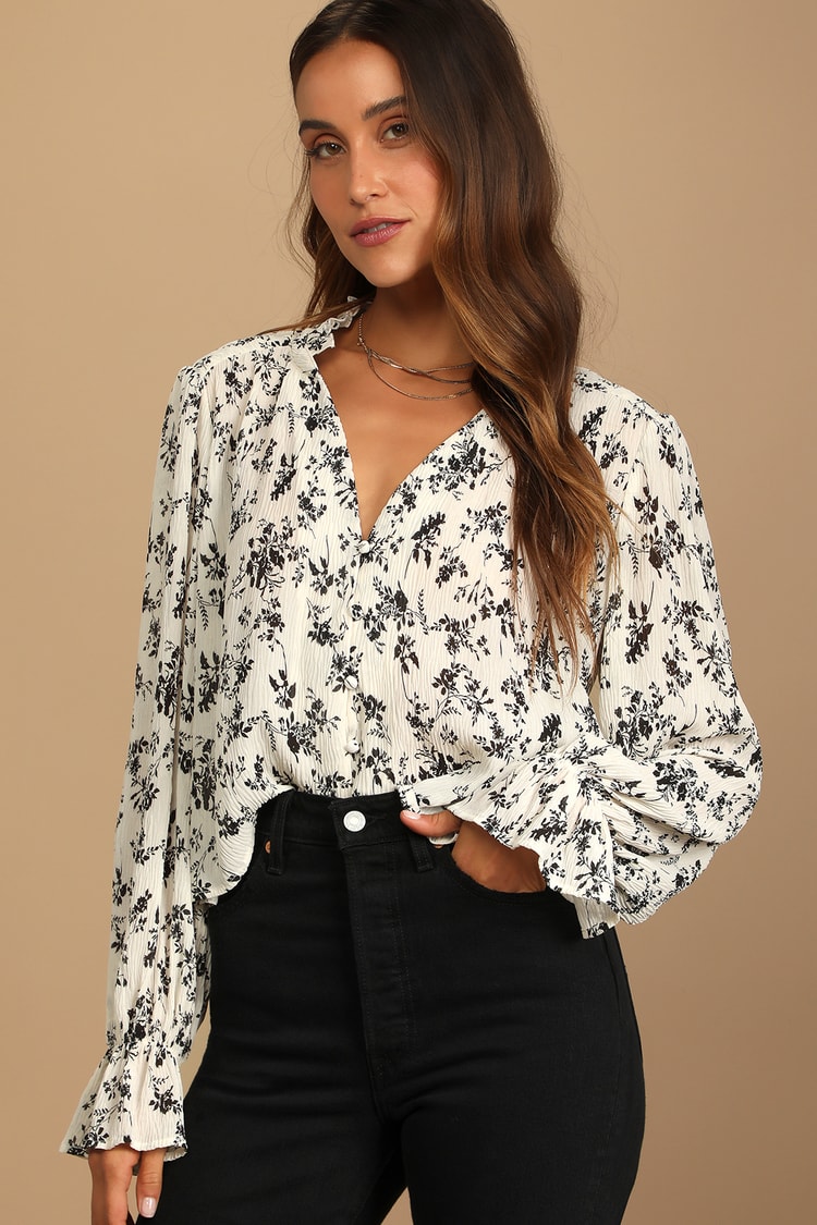 Cream Floral Print Top - Crinkle Button-Up Top - Long Sleeve Top - Lulus