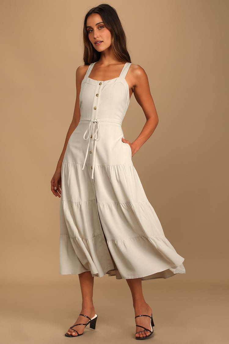 Beige Midi Dress - Button-Front Dress - Tiered Midi Dress - Lulus