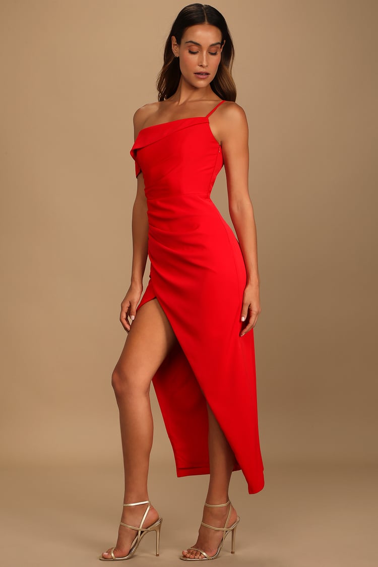 Red Midi Dress - Asymmetrical Dress - One-Shoulder Midi Dress - Lulus