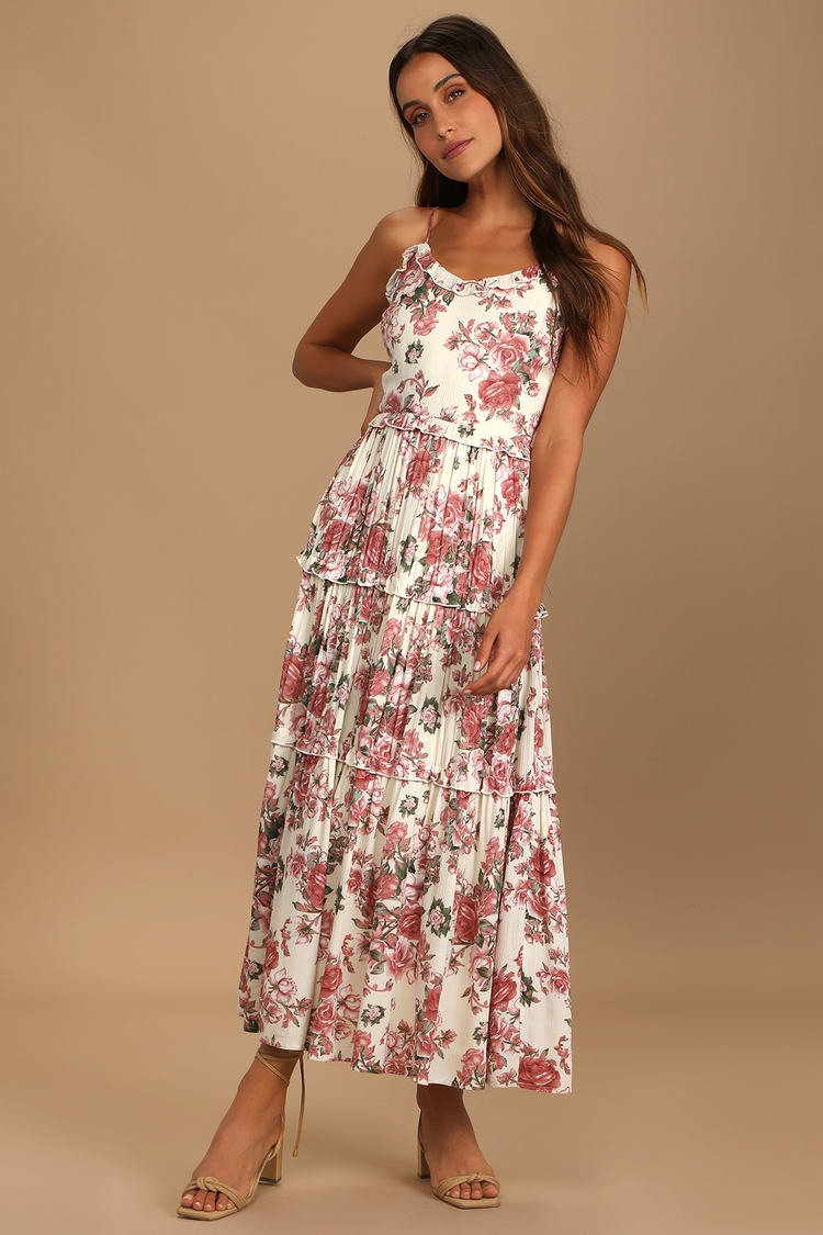 Cream Floral Print Dress - Tiered Maxi Dress - Ruffled Dress - Lulus