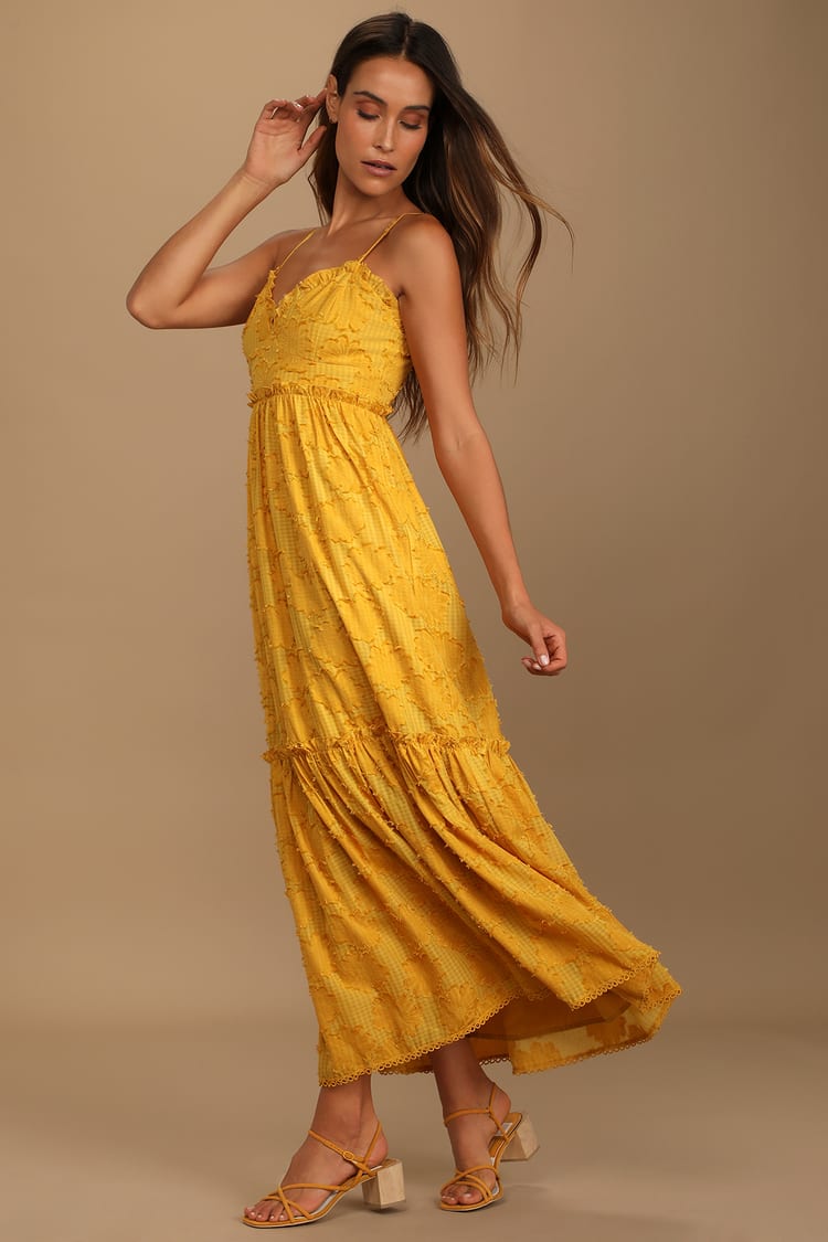Mustard Midi Dress - Burnout Floral Dress - Jacquard Midi Dress - Lulus