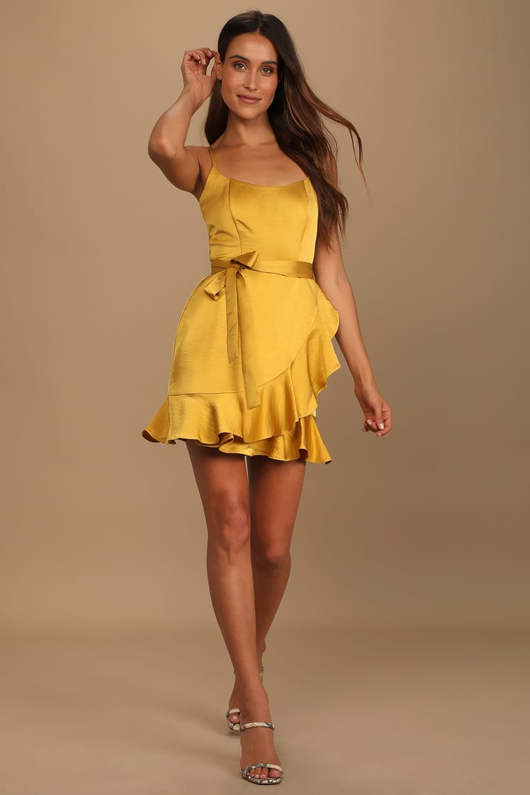 Mustard Yellow Dress - Satin Mini Dress - Satin Wrap Dress - Lulus