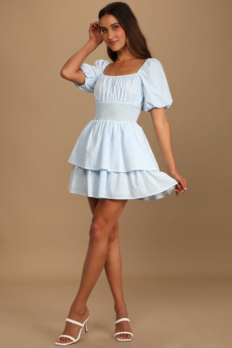 Light Blue Dress - Puff Sleeve Dress - Skater Dress - Tiered Mini - Lulus