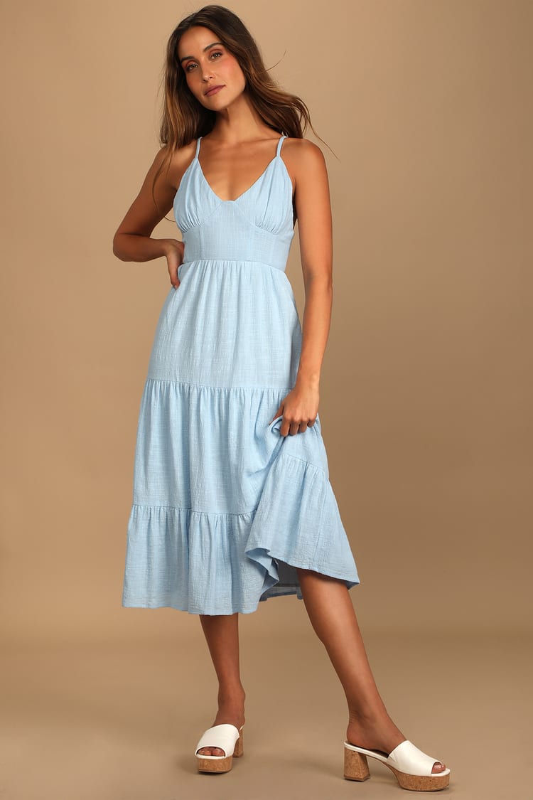 Light Blue Dress - Tiered - Cotton Midi - Lulus