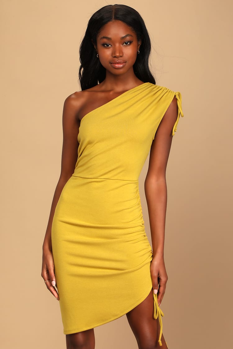 Mustard Yellow Midi Dress - One-Shoulder Dress - Drawstring Dress - Lulus