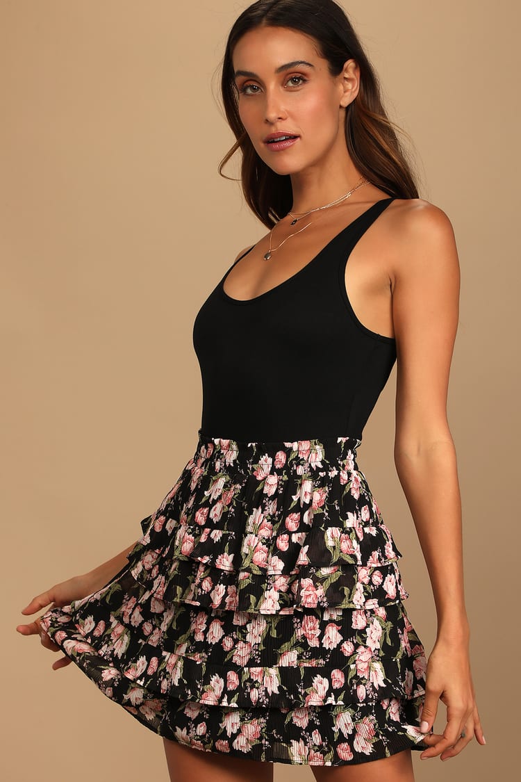 Black Floral Print Skirt - Tiered Mini Skirt - Floral Mini Skirt - Lulus