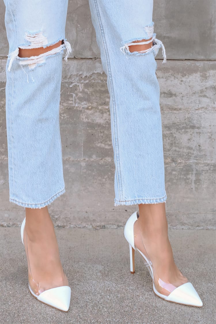 White Pumps - Pointed-Toe Pumps - Clear Heels - Clear Pumps - Lulus